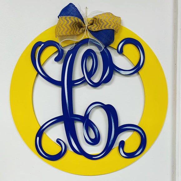 Circle with hole and Letter Stacked Monogram Painted, Customizable Door Hanger