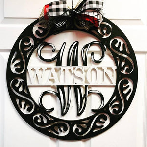 24" Fancy Circle Monogram, Family Name with Monogram Initial Painted