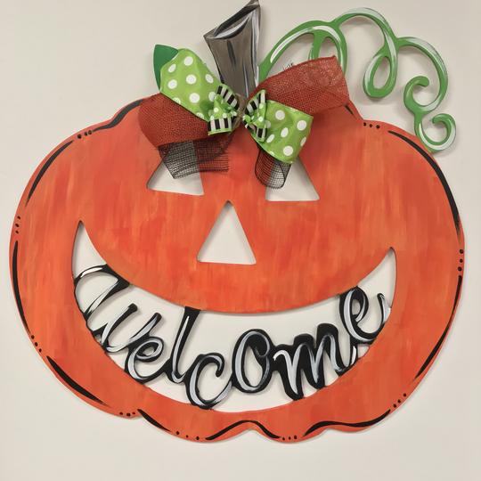 Jack-O-Lantern Welcome, Painted Wooden Door Hanger, Thanksgiving Customizable Door Hanger