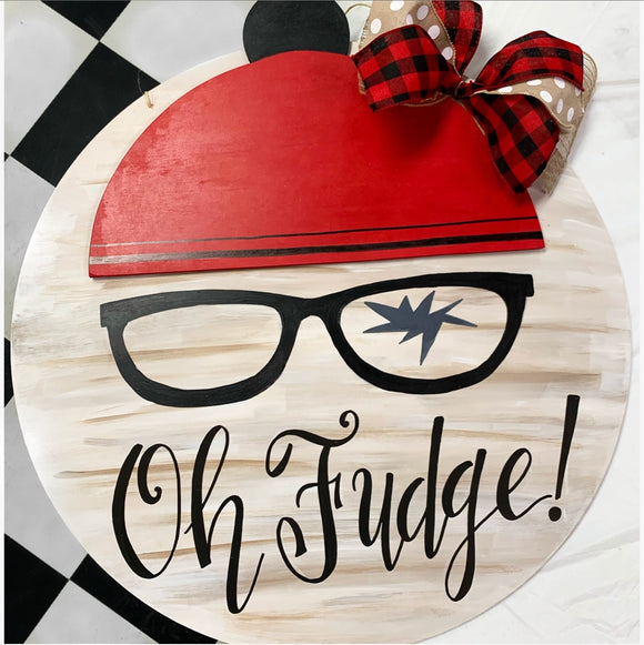 Copy of Oh Fudge with Christmas Cap on Circle Backing,  Door Hanger Christmas Decoration