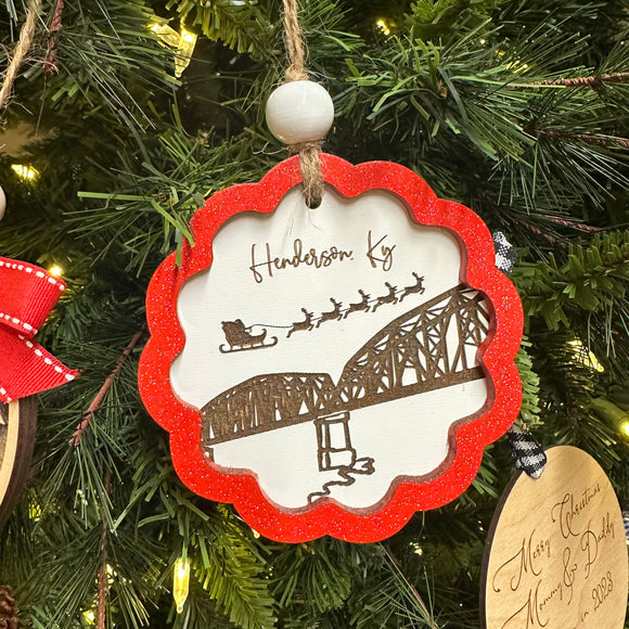 Henderson, Kentucky Train Bridge Christmas Ornament, Scalloped Edge Painted