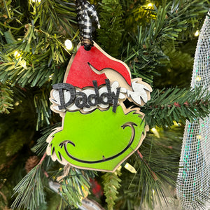 Grinch Head Christmas Ornament, Personalized Stocking Tag