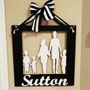 Family Silhouette Customizable Door Hanger, Last Name Overlay