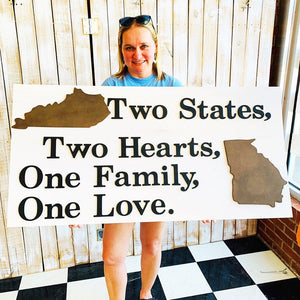 Two States Two Hearts Sign, Choose your colors,  Customizable,  Home Decor