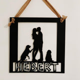 Family Silhouette Customizable Door Hanger, Last Name Cut into Sign