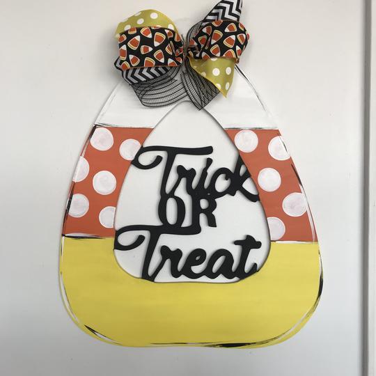 Trick or Treat Candy Corn Painted, Halloween Customizable Door Hanger