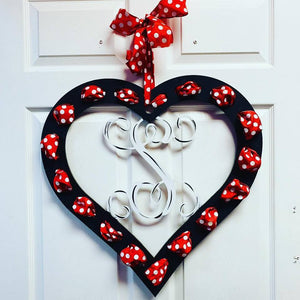 Heart with ribbon holes Single Letter Monogram Painted, Customizable Door Hanger