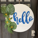 Hello Door Hanger with Bead board Circle Background Customizable Door Hanger Custom Home Decor