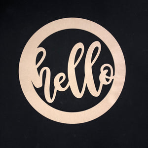 Hello with Circle Border Wooden Door Hanger Unfinished Craft Shape
