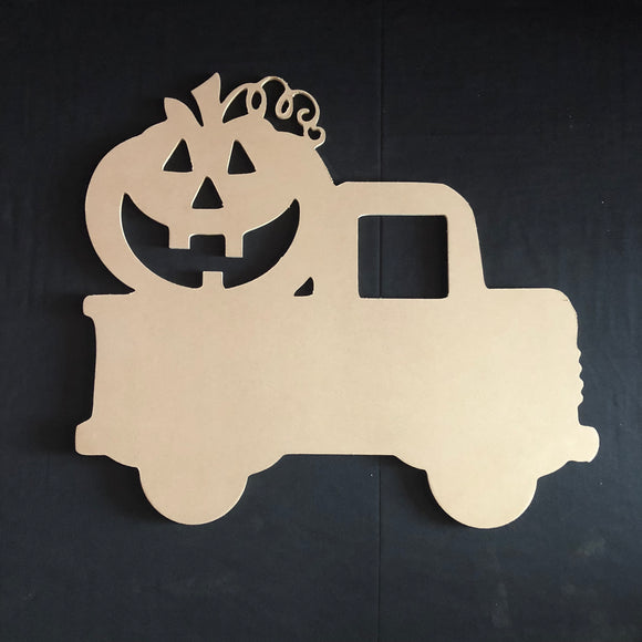 Pickup Truck with Jack-O-Lantern Pumpkin Wooden Door Hanger Unfinished Craft Shape