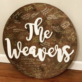 Last Name mounted on a custom circle Painted, Customizable Decor