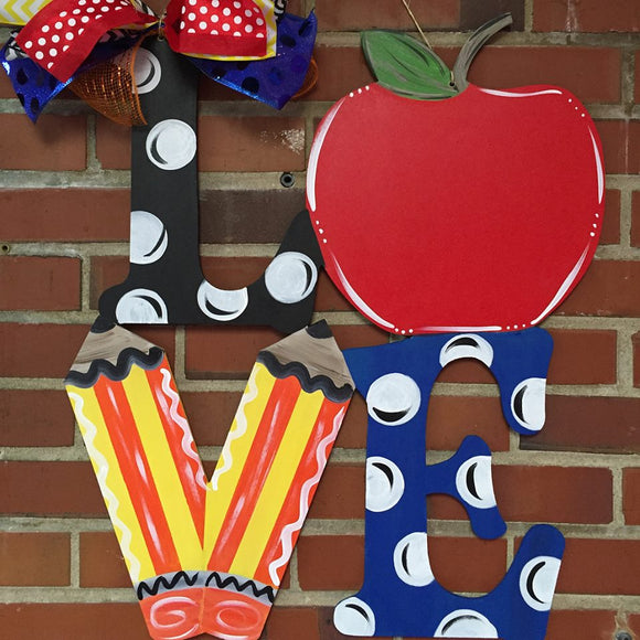 School Teacher Door Hanger, Love with Apple and Pencils Painted Teacher GIft, Customizable