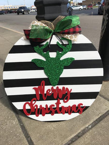 Merry Christmas & Reindeer Head on Circle backing, Door Hanger Christmas Decoration
