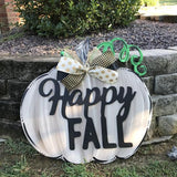 Pumpkin with Happy Fall Overlay, Painted Wooden Door Hanger, Thanksgiving Customizable Door Hanger