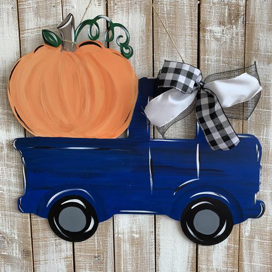 Pumpkin Truck Painted Wooden Fall Door Hanger, Thanksgiving Customizable Door Hanger
