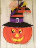 Halloween Pumpkin with Hat Painted Wooden Fall Door Hanger, Thanksgiving Customizable Door Hanger