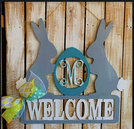 Welcome with Two Easter Bunnies- Customizable with Initial