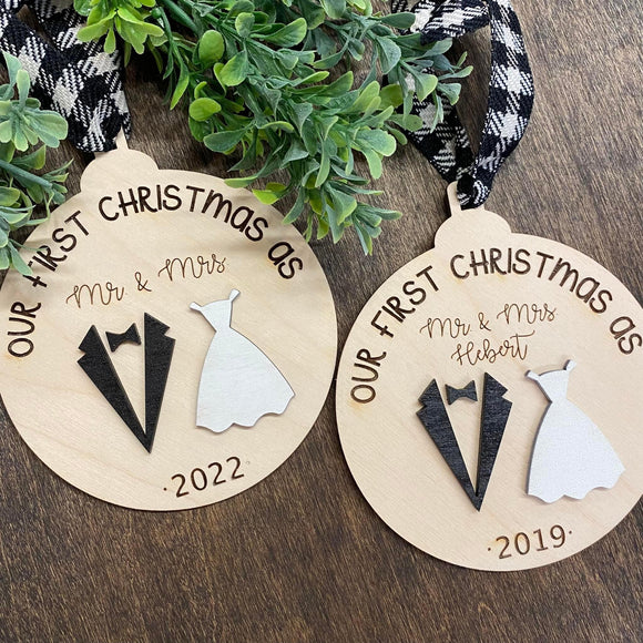 Wooden Wedding Mr. and Mrs. Christmas Ornament, Wedding Gift Last Name