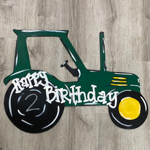 Tractor Birthday Sign with chalkboard, Door Hanger, John Deere Green Farm Decor, Farm wooden cutout