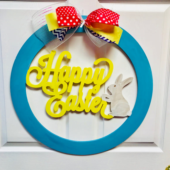 Round circle with words Happy Easter and bunny wooden door hanger