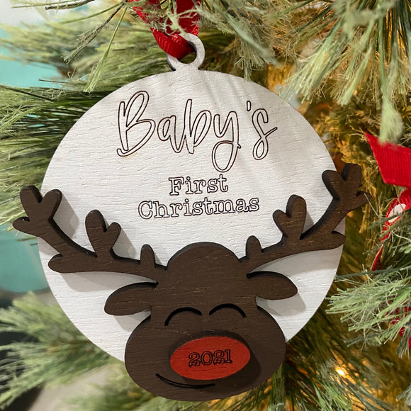 Christmas Ornament, Baby’s first Christmas with reindeer Customizable