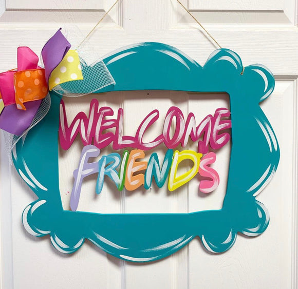 Welcome Friends with Frame Cutout Wooden Door Hanger Unfinished Craft Shape