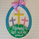 Easter Egg with three crosses on a hill wooden door hanger