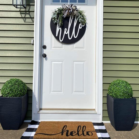 Black Circle, White Hello Door Hanger with Greenery and Bow