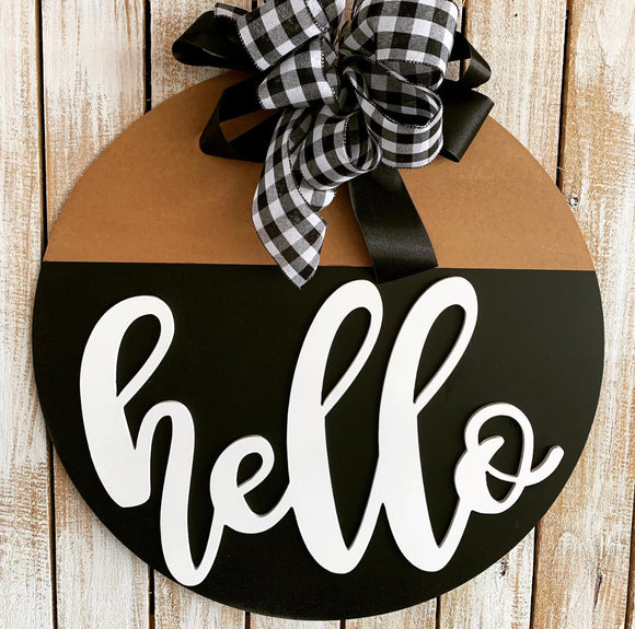 Hello with Two-Tone Circle Backing, Customizable Door Hanger, Choose Word (s)