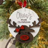 Christmas Ornament, Baby’s first Christmas with reindeer Customizable