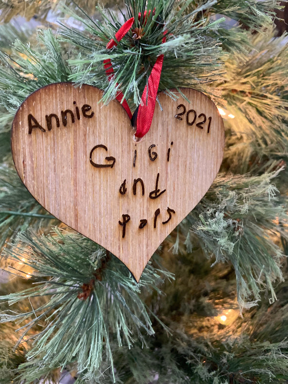 Handwritten Christmas Ornament, Heart Shape, Name and year