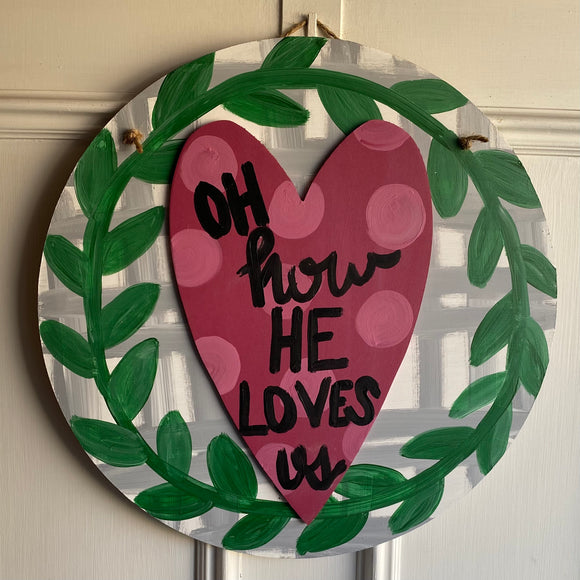 Circle with heart overlay, magnolia wreath border door hanger