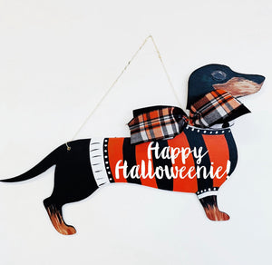 Happy Halloweenie Dachshund on Witches Broom Wood, Door Hanger Wooden Blank