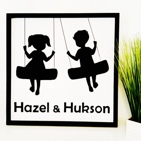 Kids Swinging Wood  Sign  FRAMED, Personalized(24”x 24”shown in picture)