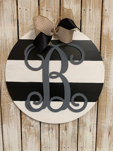 Circle Backing with stripes, Monogram letter overlay Customizable Door Hanger, Choose Word (s)